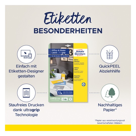 A kép egy Avery címkékhez készült termékcsomagot mutat be, amelyet irodai és otthoni használatra terveztek, és olyan jellemzőket emel ki, mint a QuickPEEL technológia és a környezetbarát papír.