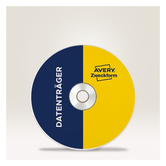 A képen egy kettős tónusú dizájnnal ellátott CD látható. A bal fele sötétkék, fehérrel rányomtatva a 'DATENTRÄGER' szó, míg a jobb fele élénk sárga, az 'Avery Zweckform' logóval.