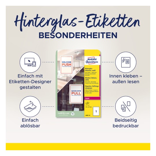 A képen az Avery 'Hinterglas-Etiketten' termékcsomagja látható, kiemelve annak tulajdonságait, mint például az egyszerű tervezés szerkesztővel, az eltávolítható tapadás és a kétoldalas nyomtatási képesség. Tartalmazza a címkék elhelyezésére vonatkozó utasításokat, hogy kívülről olvashatóak legyenek.