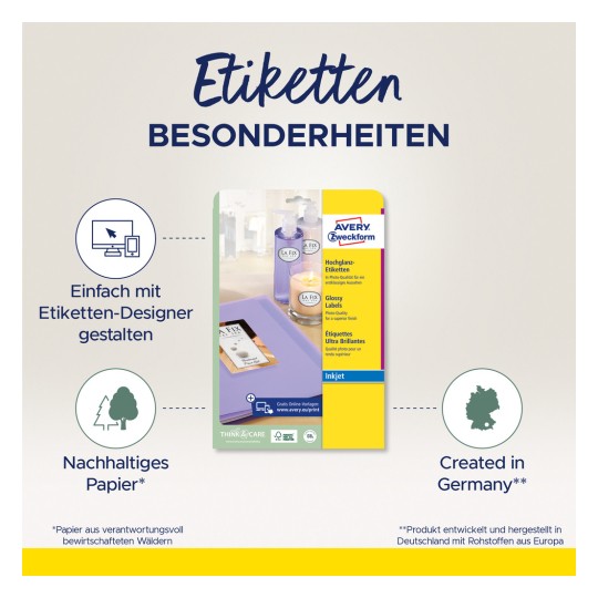 A kép az Avery Zweckform fényes címkéinek termékcsomagolását mutatja be, kiemelve olyan jellemzőket, mint az egyszerű tervezés online eszközzel, a fenntartható papír, valamint a termék Németországban készült.