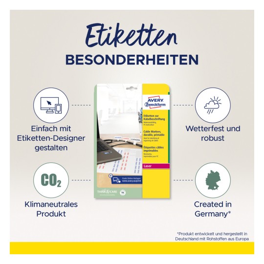 A képen egy Avery Zweckform kábeljelölők termékcsomag látható. Kiemeli a jellemzőket, mint például a címketervezőn keresztül könnyen testre szabható dizájnok, vízálló és tartós anyagok, CO2-semlegesség, valamint Németországban történő kiadás.