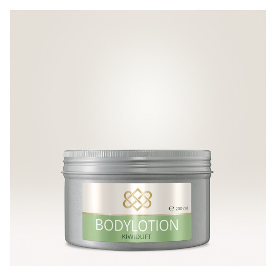 A kép egy 200 ml-es testápolót tartalmazó ezüst színű tartályt mutat, amelyen a 'BODYLOTION KIWIDUFT' felirat látható.