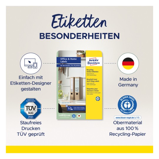 A képen Avery Zweckform címkék láthatók, amelyek 100%-ban újrahasznosított papírból készült Iroda és Otthon címkéiket mutatják be. Tartalmaz információkat a tervezési folyamatukról, a TÜV tanúsítványról és a német gyártásról.