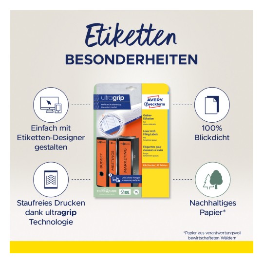 A kép az Avery Zweckform UltraGrip címkék csomagolását ábrázolja, kiemelve az olyan jellemzőket, mint az egyszerű tervezés egy online eszközzel, 100%-os átlátszatlanság és környezetbarát papír. Emellett említi az UltraGrip technológia előnyeit a gondtalan nyomtatás érdekében.
