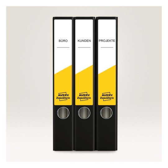 The image features three black binders with labels in German: 'BÜRO', 'KUNDEN', and 'PROJEKTE'. Each binder has a white background with a yellow design and the brand name 'AVERY Zweckform'.