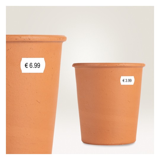 The image features two terracotta flower pots with price tags of €6.99 and €3.99.