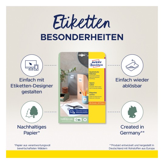 A képen az Avery Zweckform négyzetes címkéinek termékcímkéje látható. Kiemeli a tulajdonságaikat, mint például az egyszerű tervezést online eszközzel, az eltávolítható ragasztót, a fenntartható papírt, és hogy Németországban készültek.