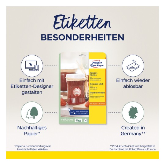 A képen az Avery Zweckform eltávolítható címkéinek csomagolása látható, amely kiemeli az olyan jellemzőket, mint az egyszerű tervezés online eszközzel, újrafelhasználhatóság, fenntartható papír és Németországban történő gyártás.