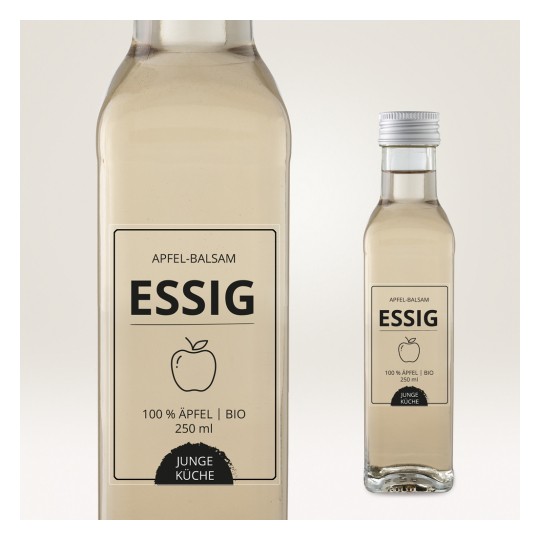 A képen egy üveg alma balzsamecet látható. A címke azt jelzi, hogy 100%-ban almából készült, bio, és 250 ml-t tartalmaz. A márkanév Junge Küche.