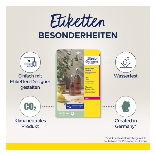 A képen az Avery Zweckform egyik terméke látható, amely átlátszó címkéket mutat be. Kiemeli az olyan jellemzőket, mint az egyszerű tervezés a címke tervező segítségével, vízállóság, és hogy klímasemleges, valamint a megjegyzés, hogy Németországban készült.