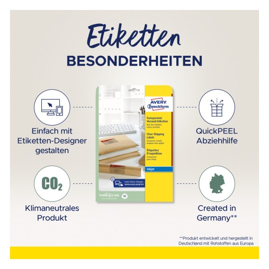 A kép egy Avery Zweckform átlátszó szállítási címkék termékismertetőjét mutatja, kiemelve olyan funkciókat, mint a címketervező segítségével való könnyű tervezés, a CO2-semlegesség, a QuickPEEL segédlet a könnyű lehúzás érdekében, és hogy Németországban készült.