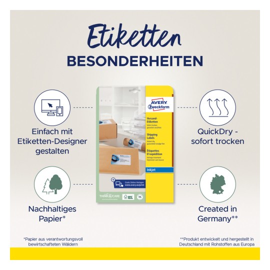 A képen Avery szállítási címkék csomagolása látható, amely kiemeli a QuickDry technológiát, a fenntartható papírt és az online eszköz segítségével történő könnyű tervezést. Azt is megemlíti, hogy a termék Németországban készült.