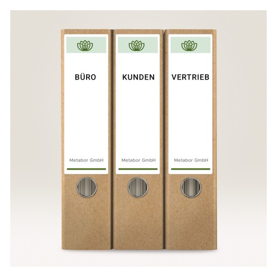 A képen három barna iratrendező mappa látható, amelyeken a "BÜRO", "KUNDEN" és "VERTRIEB" feliratok szerepelnek, valamint a Metabor GmbH logója és márkajelzése.