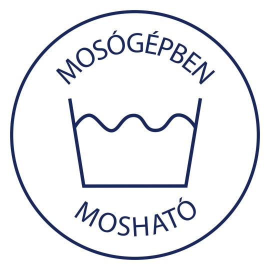 A kép egy kör alakú keretben található mosási szimbólumot ábrázol. A 'MOSÓGÉPBEN' és 'MOSHTATÓ' szövegek a szimbólum fölött és alatt jelennek meg, jelezve, hogy az anyag mosógépben mosható.