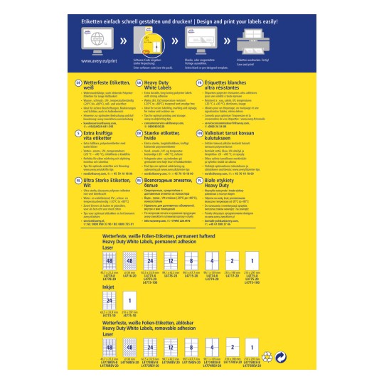 A kép különböző típusú Avery címkéket mutat be, specifikációkkal több nyelven. Részletezi az időjárásálló címkéket, a strapabíró fehér címkéket, valamint azok kompatibilitását lézer- és tintasugaras nyomtatókkal. Az elrendezés tartalmazza a címkeméreteket és a termékkódokat.