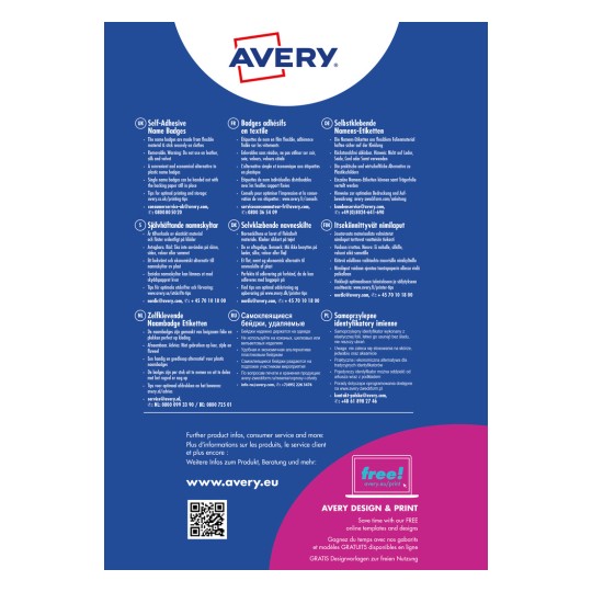 A kép több nyelven tartalmaz információt az Avery öntapadós névcímkékről, részletezve azok jellemzőit, használati tippeket és ügyfélszolgálati elérhetőségeket.