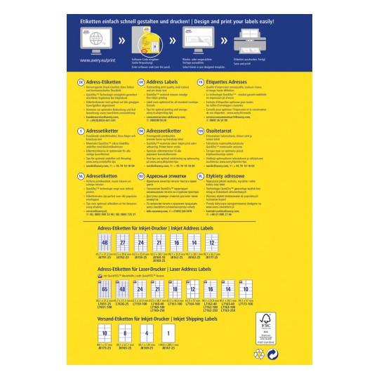 A kép különböző címkematrica-opciókat és nyomtatási tippeket mutat be az Avertől. Több nyelvű információkat tartalmaz, valamint egy táblázatot a tintasugaras és lézernyomtatók címkeméretével.
