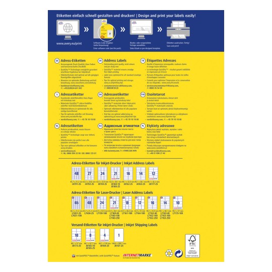 A kép egy tájékoztató grafika a címkék tervezéséről és nyomtatásáról. Több nyelvű szöveget tartalmaz, amely tippeket, kapcsolatfelvételi információkat és címzési, valamint szállítási címkék specifikációit kínálja. Bemutatja a címkeformátumokat és méreteket mind festéksugaras, mind lézernyomtatókhoz.