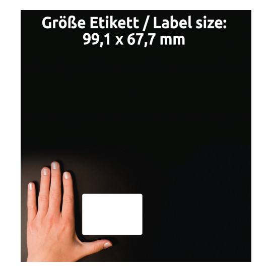 Méret-összehasonlítás kézzel, cikk: J8165-25, egy ív szállítási címke, méret: 99,1 x 67,7 mm, szín: fehér?