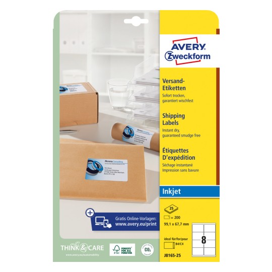 Csomagolási kép: Avery Zweckform Fehér Címkék, tintasugaras nyomtatókhoz, Cikk: J8165-25, Méret: 99,1 x 67,7 mm, Nyomtatási alkalmasság: tintasugaras, Tartalom: 200 címke / 25 lap, 8 címke/lap?