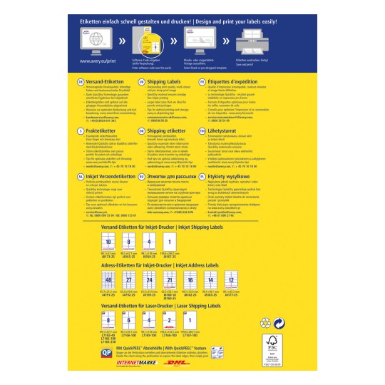 A kép egy információs grafika a címkék tervezéséről és nyomtatásáról, különféle típusú címkéket és azok specifikációit tartalmazva, több nyelven írt utasításokkal és a cég adataival.