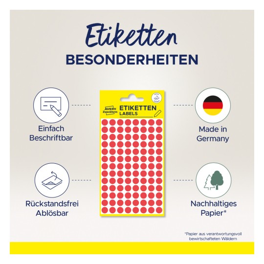 A képen egy Avery címkematrica csomagolás látható, amely piros pontokat tartalmaz. A terméket Németországban gyártják, könnyen ráírható, eltávolítható, és fenntartható papírból készült.