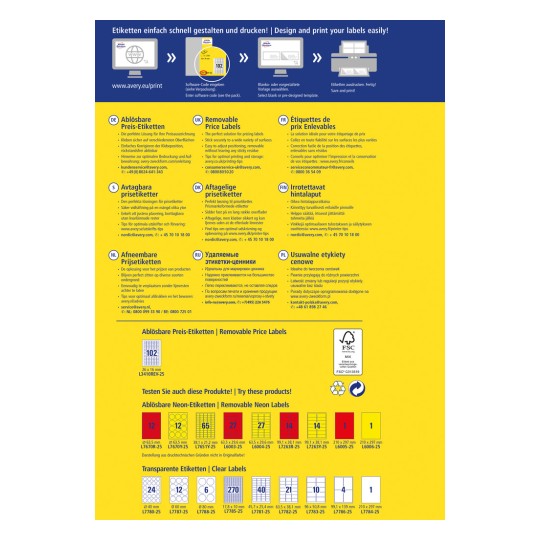 A kép egy címkenyomtatási útmutatót és termékinformációkat tartalmaz az eltávolítható árcímkékhez, beleértve a jellemzőket és méreteket különböző nyelveken.