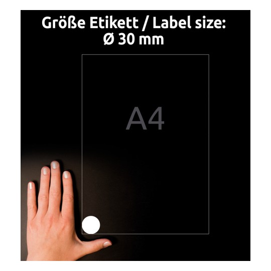 A kép egy kezet mutat egy A4-es lap mellett, amelyen egy 30 mm átmérőjű méretjelölés található németül.