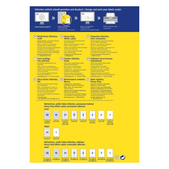 A kép az Avery címke termékek útmutatója, amely részletezi azok jellemzőit, mint például a tartósság, vízhatlanság és ragasztó tulajdonságok. Tartalmaz felhasználási útmutatókat, különböző címketípusok specifikációit és elérhetőségi információkat. Különböző nyelveket használ, köztük a németet, franciát, hollandot és lengyelt.