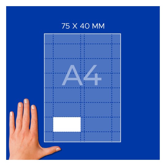 Kéz egy rácsos, fehér téglalapot és „75 × 40 mm” feliratot tartalmazó A4-es lapdiagram mellett?