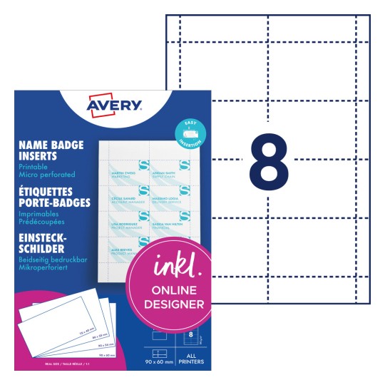 Csomagolási kép címkefüzettel: Avery Zweckform, Cikkszám: L4728-20, Behelyezhető címkék, Méret: 60 x 90 mm, Nyomtatási alkalmasság: tintasugaras, színes lézer, fekete-fehér lézer, másoló, Tartalom: 160 behelyezhető címke / 20 lap, 8 kártya/ív.