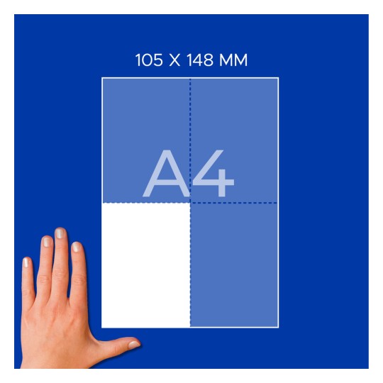 Kéz egy A4-es papírdiagram mellett 105 × 148 mm-es címkével és negyedrács?