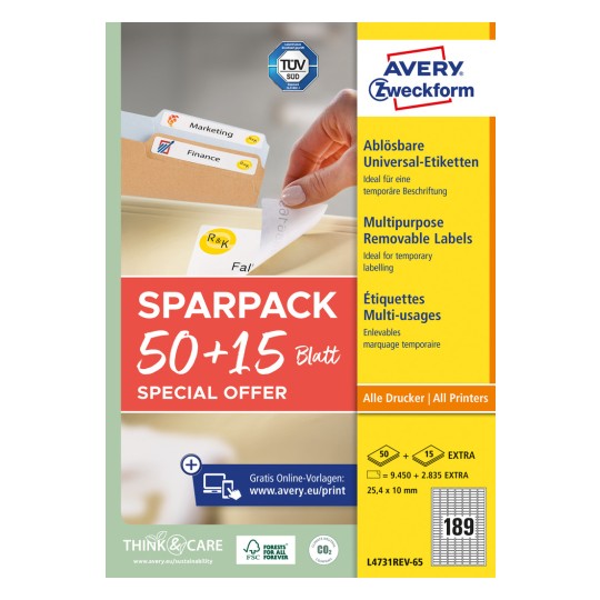 Csomagolás kép: Avery Zweckform Univerzális címkék, visszaszedhető, Cikkszám: L4731REV-65, Méret: 25,4 x 10 mm, Nyomtatási alkalmasság: Tintasugaras, lézer fekete/fehér, színes lézer, Tartalom: 12 285 címke / 65 ív, 189 címke/ív?