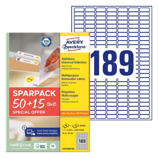 Csomagolási ábra címkekorlappal: Avery Zweckform Univerzális címkék, Cikkszám: L4731REV-65, Méret: 25,4 x 10 mm, Nyomtatási alkalmasság: Inkjet, Lézer fekete/fehér, Színes lézer, Tartalom: 12.285 címke / 65 ív, 189 címke/ív