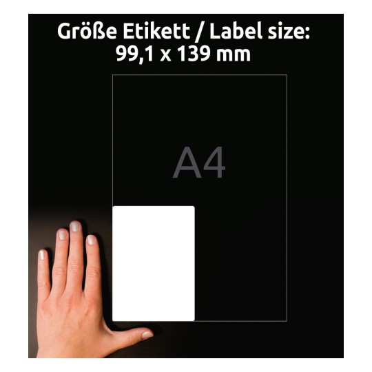 A képen egy kéz látható egy fehér címke mellett, amelynek méretei 99,1 x 139 mm, A4-es méret alá van sorolva. A háttér sötét.