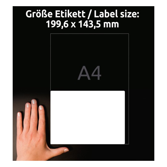 A kép egy kéz mellett egy méretjelölést mutat. A méretek 199,6 x 143,5 mm, egy rész pedig az 'A4'-et jelzi.