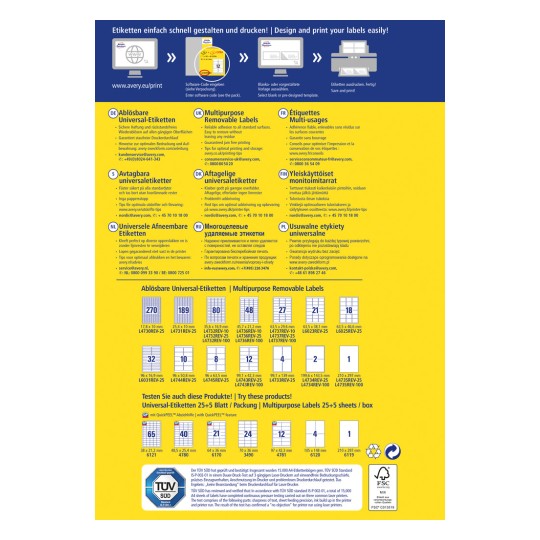 A kép egy eltávolítható címkék tervezési és nyomtatási útmutatóját mutatja be, amely több nyelven tartalmazza a termék részleteit, a címkeméretek specifikációit, valamint optimális nyomtatási tippekhez vezető linkeket.