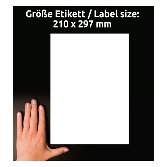 A kép egy személy kezét mutatja egy üres papírlap mellett, amelyen a címke mérete 210 x 297 mm. A háttér sötét.