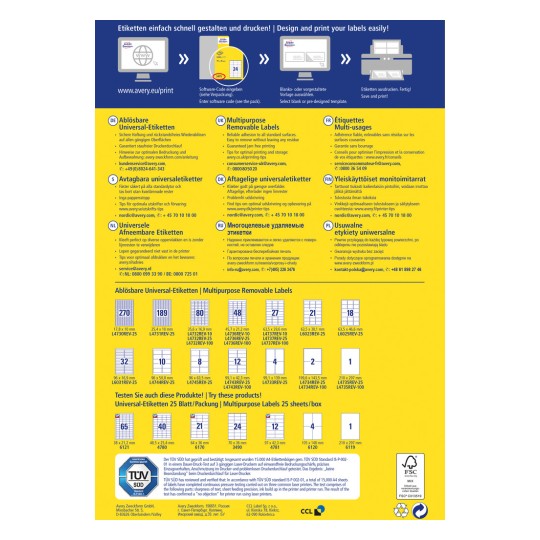 Egy tájékoztató dokumentum az Avery által gyártott eltávolítható címkékről, amely részletezi a termék jellemzőit, méreteit és nyomtatási utasításait több nyelven.