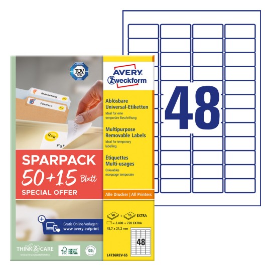 Csomagolás képe címkelappal: Avery Zweckform univerzális címkék, cikk: L4736REV-65, méret: 45,7 x 21,2 mm, nyomtatási alkalmasság: tintasugaras, lézer fekete/fehér, színes lézer, tartalom: 3.120 címke / 65 lap, 48 címke/lap.