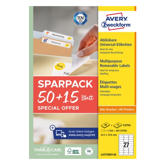 Csomagkép: Avery Zweckform univerzális címkék, eltávolítható, cikk: L4737REV-65, méret: 63,5 x 29,6 mm, nyomtatási alkalmasság: tintasugaras, lézer fekete/fehér, színes lézer, tartalom: 1.755 címke / 65 ív, 27 címke/ív.