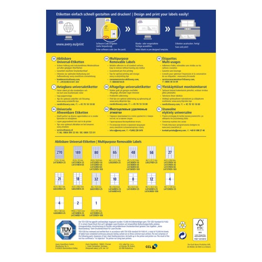 A kép információkat tartalmaz Avery többcélú, levehető címkéiről, amelyek különböző méretű címkéket és specifikációkat mutatnak be több nyelven. Tartalmaz tervezési és nyomtatási tippeket, valamint az ügyfélszolgálati elérhetőségeket.