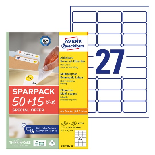 Csomagolási kép címkefüzettel: Avery Zweckform univerzális címkék, Cikkszám: L4737REV-65, Méret: 63,5 x 29,6 mm, Nyomtatási alkalmasság: tintasugaras, lézer f/f, színes lézer, Tartalom: 1.755 címke / 65 ív, 27 címke/ív.