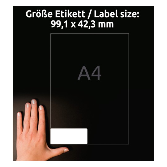 A kép egy kéz méretű diagramot mutat, amely 99,1 x 42,3 mm méretet jelöl, A4-es felirattal, fekete háttérrel.
