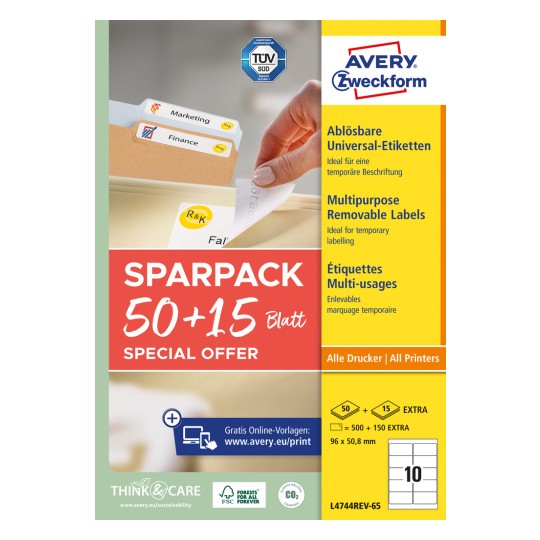 Csomagolás képe: Avery Zweckform univerzális címkék, levehető, cikk: L4744REV-65, méret: 96 x 50,8 mm, nyomtatási alkalmasság: tintasugaras, lézer f/k, színes lézer, tartalom: 650 címke / 65 lap, 10 címke/lap.