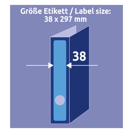 A kép egy tároló kötőmappát ábrázol, amelynek méretei 38 x 297 mm, jelezve a címke méretét.