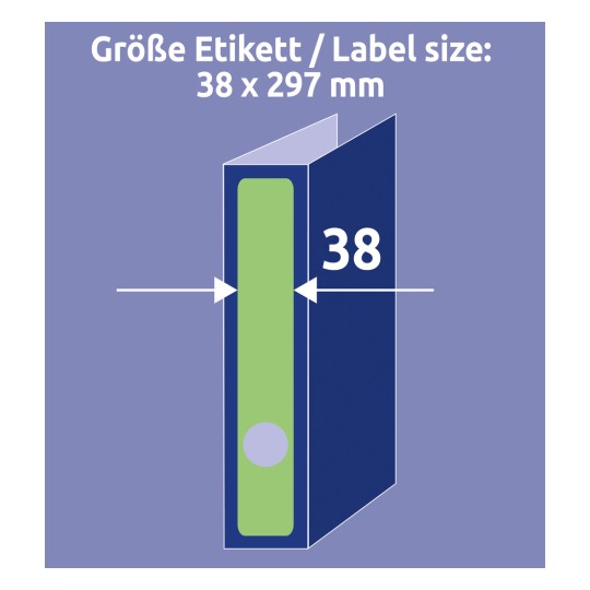 A kép egy 38 x 297 mm-es címke méretét mutatja kék háttérrel, és tartalmazza a címkéhez mért méreteket.