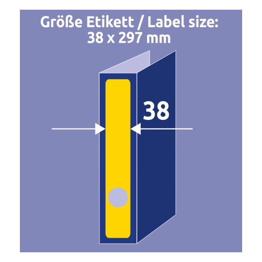 A kép egy címkeméret specifikációt jelenít meg, amely 38 x 297 mm-es méreteket mutat be, kiemelt sárga címkével és kék háttérrel.