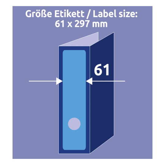 A kép egy diagramot jelenít meg, amely egy címke méretét jelöli, amely 61 x 297 mm, vizuális ábrázolással mutatva a méreteket.