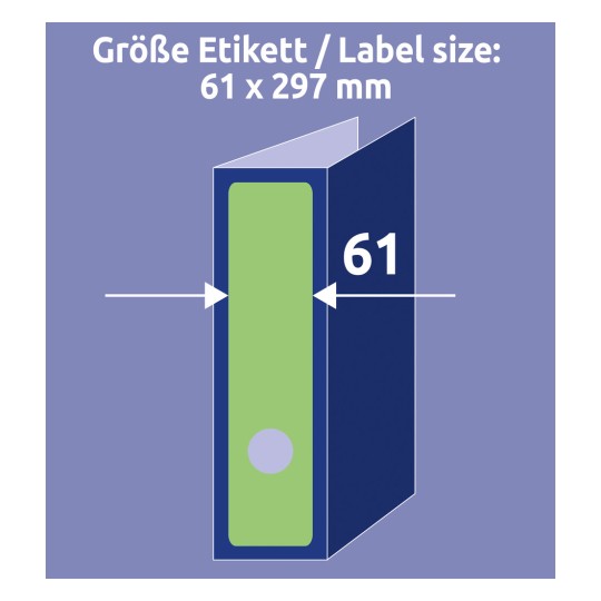 A kép egy dokumentummappához készült címkeméret meghatározást mutat, amely 61 x 297 mm-es, zöld címke és kék mappatervezés illusztrálásával.